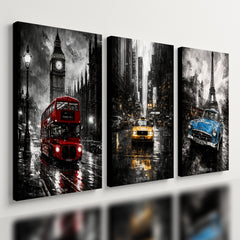 Kit 3 Quadro Decorativo Paris Londres Nova York Cidade Chuva