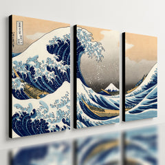Kit 3 Quadro Decorativo Grande Onda de Kanagawa Japão Mar Elegante Moderno