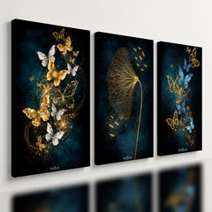 Kit 3 Quadro Decorativo Borboletas Azul Dourado Moderno Luxo Qualidade Premium