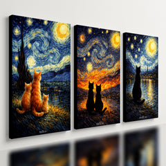 Kit 3 Quadro Decorativo Gatos Van Gogh Arte Noite Estrelada Qualidade Premium Moderno
