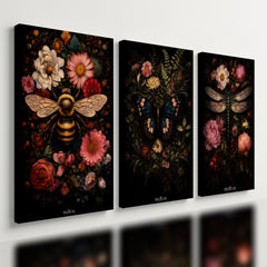 Kit 3 Quadro Decorativo Floral Borboleta Abelha Jardim Flor