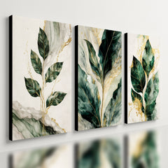 Kit 3 Quadro Decorativo Folhas Botânico Dourado Marmorizado Luxo