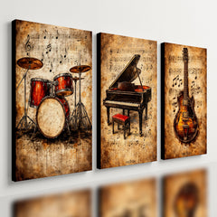 Kit3 Quadro Decorativo Música Vintage Piano Bateria Guitarra