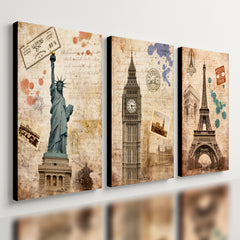 Kit 3 Quadro Decorativo Monumentos Paris Londres Nova York