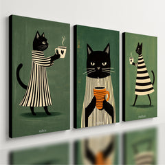 Kit 3 Quadro Decorativo Gato Café Cozinha Moderno Xícara