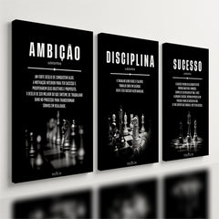 Kit 3 Quadro Decorativo Xadrez Motivacional Escritório Quarto