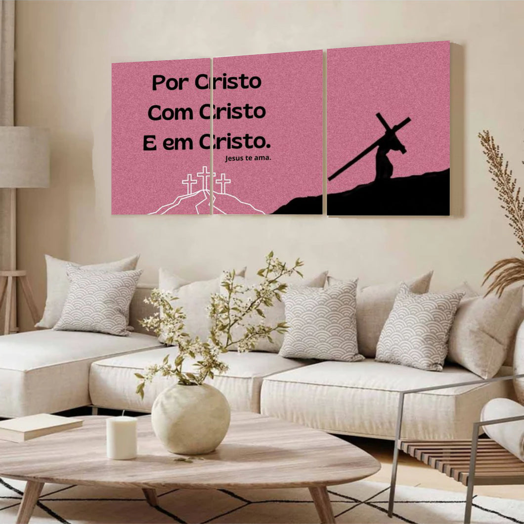 Kit 3 Quadro Decorativo Cristão Jesus Rosa