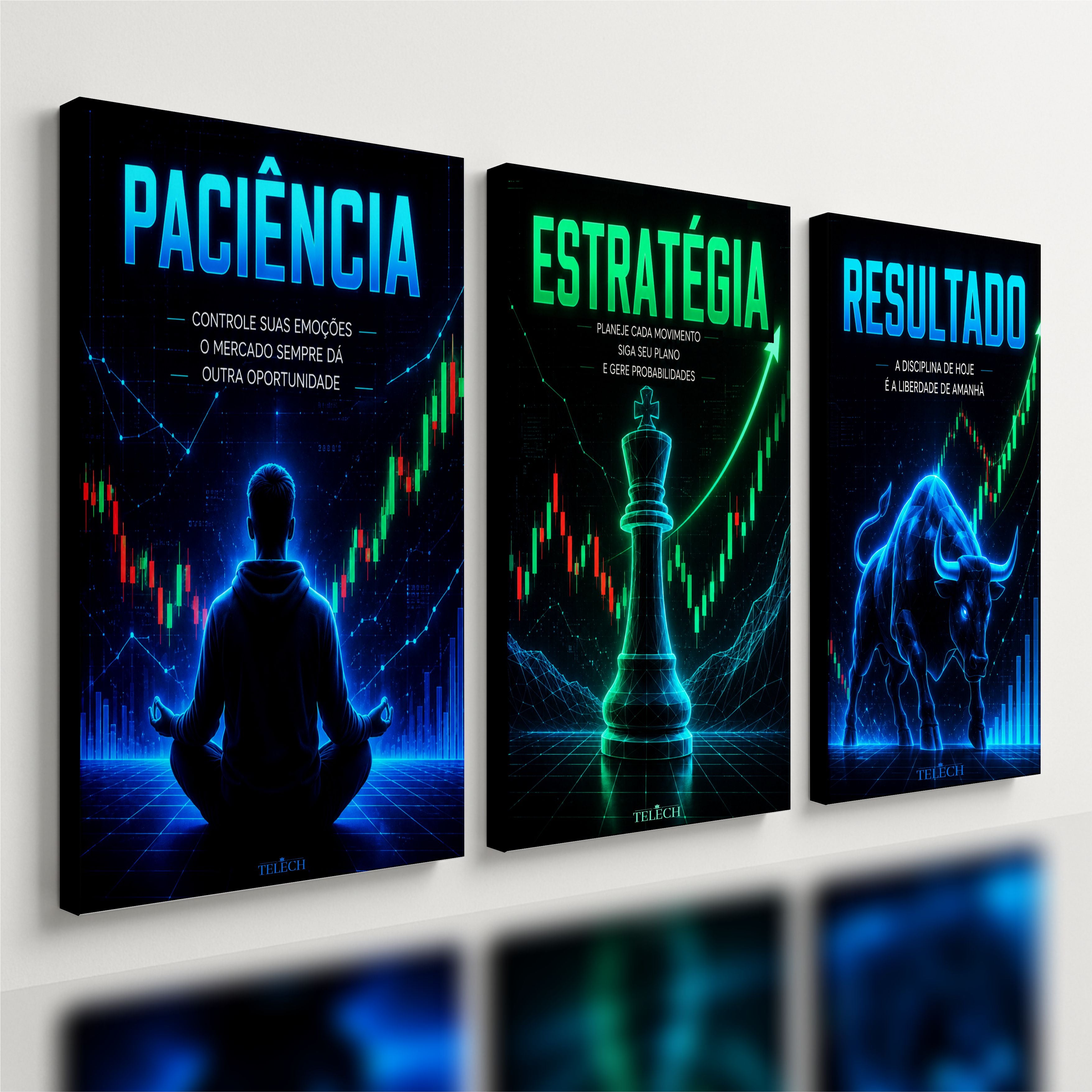 Kit 3 Quadro Decorativo Mercado Financeiro Trader Bolsa Ações Investimento Azul