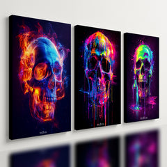 Kit 3 Quadro Decorativo Caveira Colorida Neon Cyberpunk Roxo