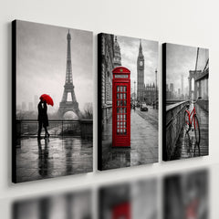 Kit 3 Quadro Decorativo Paris Londres Nova York Cidade Casal