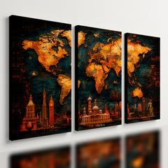 Kit 3 Quadro Decorativo Mapa Mundi Bandeiras Países Vintage