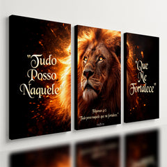 Kit 3 Quadro Decorativo Leão Filipenses 4:13 Cristão Gospel