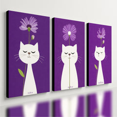 Kit 3 Quadro Decorativo Gato Branco Flor Minimalista Roxo