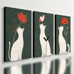 Kit 3 Quadro Decorativo Gato Branco Flor Minimalista Verde